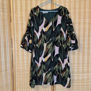 BELONGSCI Womens 2X Dress Bell Sleeve Green Leaf Plant Floral Tropical Resort